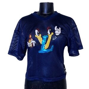 Upcycled Blue Mesh Graphic Top